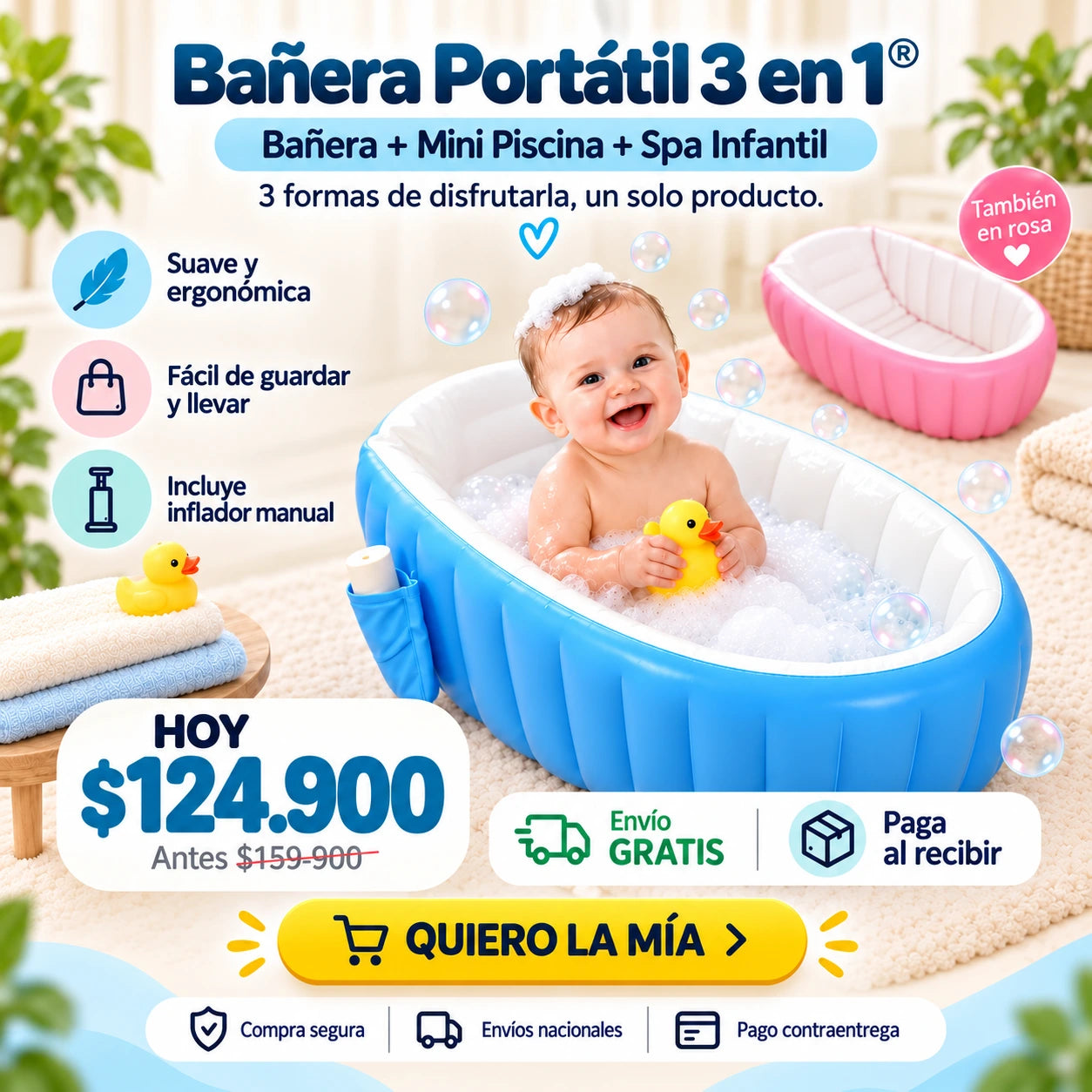 Bañera Portátil 3 en 1® - Bañera + Mini Piscina + Spa Infantil